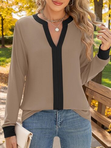Womens Tops Dressy Casual Long Sleeve Business Shirts V Neck Pleated Work Blouses Loose Fit Fall Trendy Knit Top in Saudi Arabia