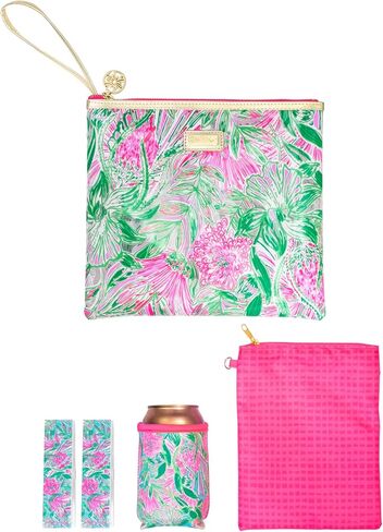 Lilly Pulitzer Water Resistant Vinyl Beach Day Pouch, Zipper Bag Includes Drink Hugger, Small Pouch, and Towel Clips, Lime Feeling Good in Saudi Arabia