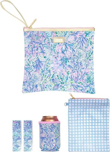 Lilly Pulitzer Water Resistant Vinyl Beach Day Pouch, Zipper Bag Includes Drink Hugger, Small Pouch, and Towel Clips, Lime Feeling Good in Saudi Arabia