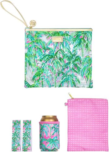Lilly Pulitzer Water Resistant Vinyl Beach Day Pouch, Zipper Bag Includes Drink Hugger, Small Pouch, and Towel Clips, Lime Feeling Good in Saudi Arabia