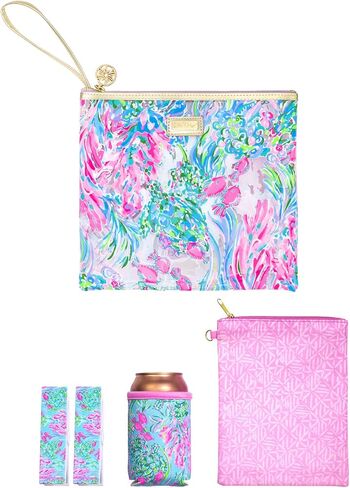 Lilly Pulitzer Water Resistant Vinyl Beach Day Pouch, Zipper Bag Includes Drink Hugger, Small Pouch, and Towel Clips, Lime Feeling Good in Saudi Arabia