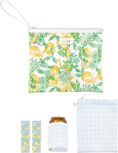 Lilly Pulitzer Water Resistant Vinyl Beach Day Pouch, Zipper Bag Includes Drink Hugger, Small Pouch, and Towel Clips, Lime Feeling Good in Saudi Arabia