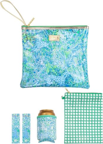Lilly Pulitzer Water Resistant Vinyl Beach Day Pouch, Zipper Bag Includes Drink Hugger, Small Pouch, and Towel Clips, Lime Feeling Good in Saudi Arabia