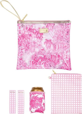 Lilly Pulitzer Water Resistant Vinyl Beach Day Pouch, Zipper Bag Includes Drink Hugger, Small Pouch, and Towel Clips, Lime Feeling Good in Saudi Arabia