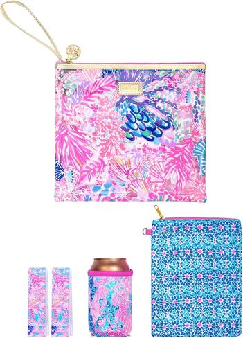 Lilly Pulitzer Water Resistant Vinyl Beach Day Pouch, Zipper Bag Includes Drink Hugger, Small Pouch, and Towel Clips, Lime Feeling Good in Saudi Arabia