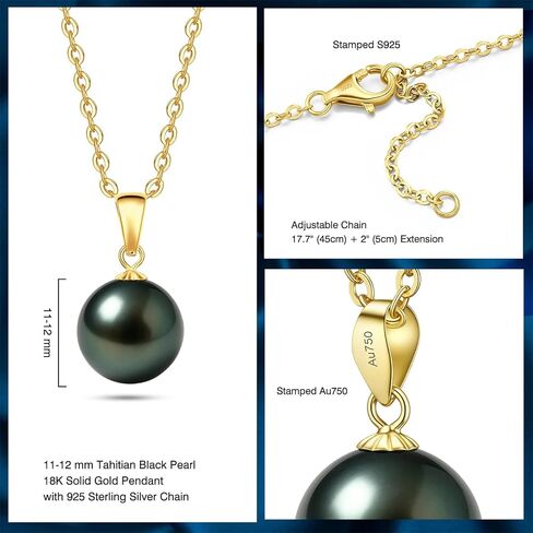 18K Solid Gold Genuine Tahitian Black Pearl Pendant with Sterling Silver Chain, AAAAA 9-12mm Ocean-Grown Pearls - Christmas Gift for Wife Mom, Women Necklace Jewelry for Wedding Anniversary Birthday in Saudi Arabia