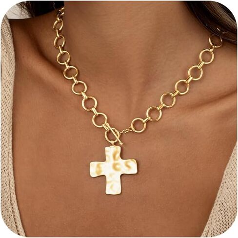 CHESKY 14K مطلية بالذهب مكتنزة الصليب قلادة للنساء، بيان قلادة الصليب كبيرة مطروق جريئة الصليب القلب قلادة قلادة العصرية الذهب تبديل القلائد خمر مجوهرات in Kuwait