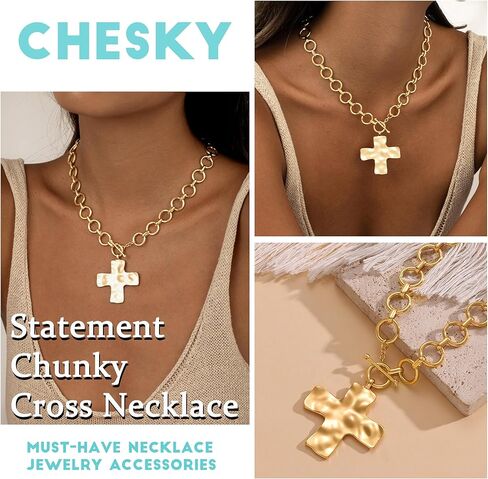 CHESKY 14K مطلية بالذهب مكتنزة الصليب قلادة للنساء، بيان قلادة الصليب كبيرة مطروق جريئة الصليب القلب قلادة قلادة العصرية الذهب تبديل القلائد خمر مجوهرات in Kuwait