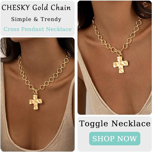 CHESKY 14K مطلية بالذهب مكتنزة الصليب قلادة للنساء، بيان قلادة الصليب كبيرة مطروق جريئة الصليب القلب قلادة قلادة العصرية الذهب تبديل القلائد خمر مجوهرات in Kuwait