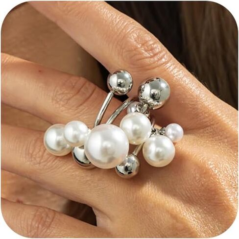 Douxsu Dainty Gold Beads Beaded Pearl Cluster Ring for Women Exquisite Unique Two-Tone White Pearls Knuckles Rings Y2k Party Prom Valentine Jewelry Gifts in Saudi Arabia