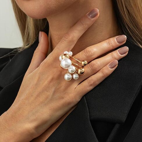 Douxsu Dainty Gold Beads Beaded Pearl Cluster Ring for Women Exquisite Unique Two-Tone White Pearls Knuckles Rings Y2k Party Prom Valentine Jewelry Gifts in Saudi Arabia