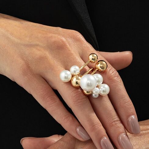Douxsu Dainty Gold Beads Beaded Pearl Cluster Ring for Women Exquisite Unique Two-Tone White Pearls Knuckles Rings Y2k Party Prom Valentine Jewelry Gifts in Saudi Arabia