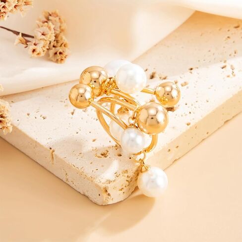 Douxsu Dainty Gold Beads Beaded Pearl Cluster Ring for Women Exquisite Unique Two-Tone White Pearls Knuckles Rings Y2k Party Prom Valentine Jewelry Gifts in Saudi Arabia