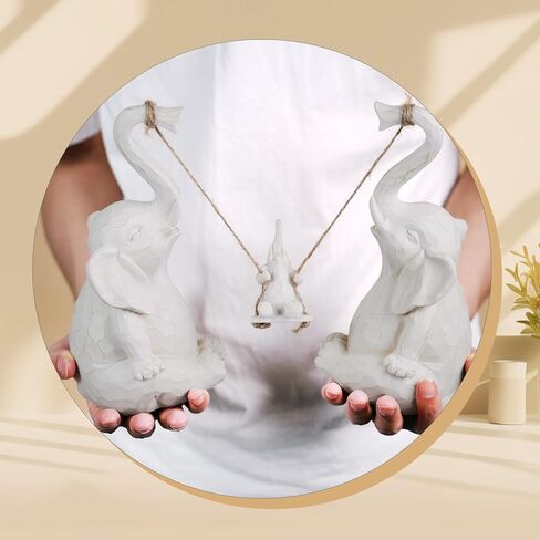 Biobasedon Loving Pair of White Elephants - Modern Home Resin Sculpture - Elephant Decorative Statue Set - 8.7 Inch Large Elephant Ornament with 2 Swing Babies in Saudi Arabia