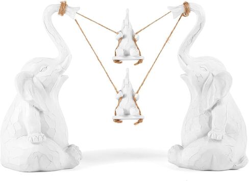 Biobasedon Loving Pair of White Elephants - Modern Home Resin Sculpture - Elephant Decorative Statue Set - 8.7 Inch Large Elephant Ornament with 2 Swing Babies in Saudi Arabia