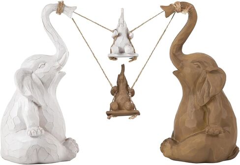 Biobasedon Loving Pair of White Elephants - Modern Home Resin Sculpture - Elephant Decorative Statue Set - 8.7 Inch Large Elephant Ornament with 2 Swing Babies in Saudi Arabia