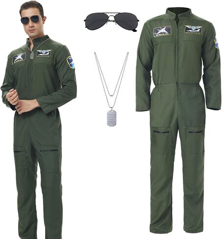 DEZEXHOM Fighter Pilot Costume Men Air Force Jumpsuit Flight Suit Uniform Halloween Fancy Dress Up for Cosplay Party in Kuwait