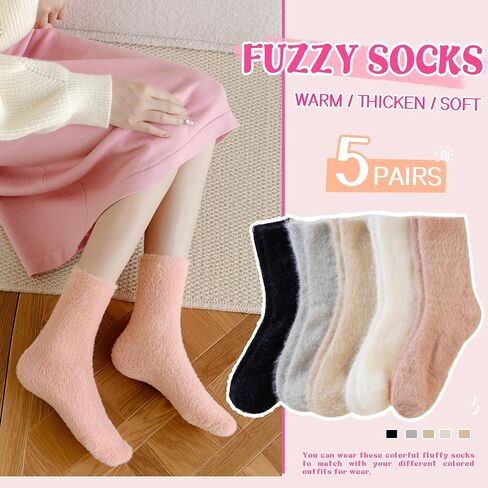 SeeyAN Fuzzy Socks For Women Fluffy Slipper Thick Cozy Ruffle Winter Home Sleeping Warm Thermal Comfy Socks 5 Pairs in Saudi Arabia