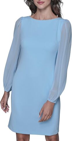 Karl Lagerfeld Womens Long Chiffon Sleeve Pearl Collar Crew Neck Scuba Crepe Dress in Saudi Arabia