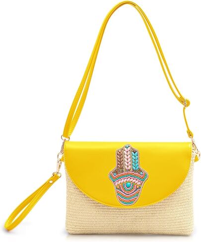 Clutch Purses for Women, Bohemian Handmade Straw Bag, Flip-up leather Crossbody Bags, Woven Envelope Package in Saudi Arabia