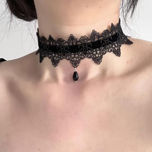 Black Lace Choker Necklace for Women, Gothic Dark Style Collar, Halloween Accessory, Wave Tassel Lockets, Sexy Halloween Necklace in Saudi Arabia