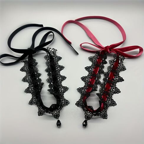 Black Lace Choker Necklace for Women, Gothic Dark Style Collar, Halloween Accessory, Wave Tassel Lockets, Sexy Halloween Necklace in Saudi Arabia
