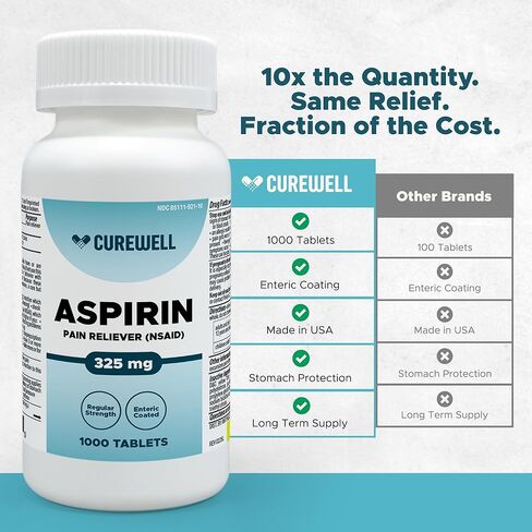 CUREWELL Enteric Coated Aspirin Tablets 325mg (1000 Count) NSAID Pain Reliever & Fever Reducer Coated Aspirin for Adults - Regular Strength for Headache Arthritis Menstrual & Muscle Pain in Saudi Arabia