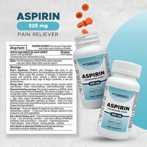 CUREWELL Enteric Coated Aspirin Tablets 325mg (1000 Count) NSAID Pain Reliever & Fever Reducer Coated Aspirin for Adults - Regular Strength for Headache Arthritis Menstrual & Muscle Pain in Saudi Arabia