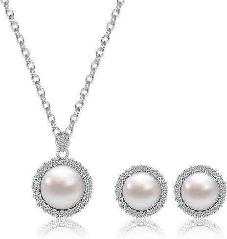 AILUOR Pearl Jewelry Set for Women, Faux Freshwater Single Pearl Necklace and Earring Set with 18 Inch Silver Chain Dainty Wedding Jewelry for Brides Mom Mother's Day Birthday Gifts in Saudi Arabia