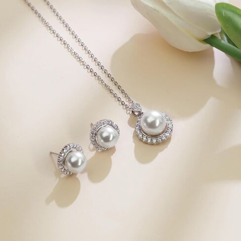 AILUOR Pearl Jewelry Set for Women, Faux Freshwater Single Pearl Necklace and Earring Set with 18 Inch Silver Chain Dainty Wedding Jewelry for Brides Mom Mother's Day Birthday Gifts in Saudi Arabia