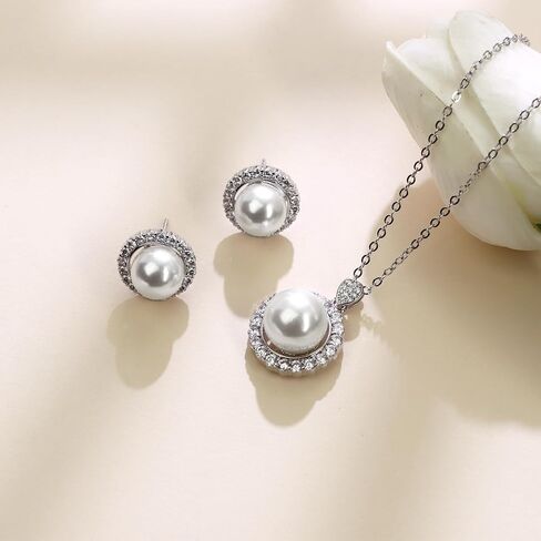 AILUOR Pearl Jewelry Set for Women, Faux Freshwater Single Pearl Necklace and Earring Set with 18 Inch Silver Chain Dainty Wedding Jewelry for Brides Mom Mother's Day Birthday Gifts in Saudi Arabia