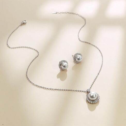 AILUOR Pearl Jewelry Set for Women, Faux Freshwater Single Pearl Necklace and Earring Set with 18 Inch Silver Chain Dainty Wedding Jewelry for Brides Mom Mother's Day Birthday Gifts in Saudi Arabia