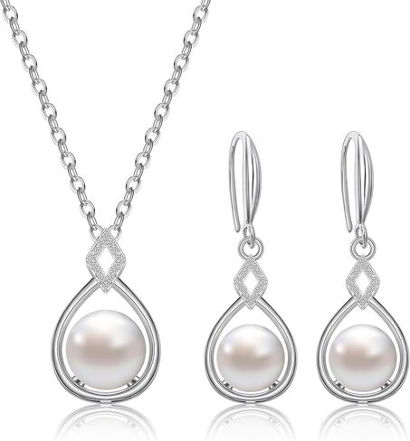AILUOR Pearl Jewelry Set for Women, Faux Freshwater Single Pearl Necklace and Earring Set with 18 Inch Silver Chain Dainty Wedding Jewelry for Brides Mom Mother's Day Birthday Gifts in Saudi Arabia