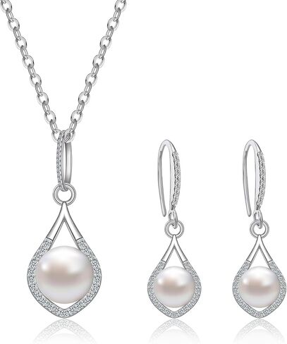 AILUOR Pearl Jewelry Set for Women, Faux Freshwater Single Pearl Necklace and Earring Set with 18 Inch Silver Chain Dainty Wedding Jewelry for Brides Mom Mother's Day Birthday Gifts in Saudi Arabia