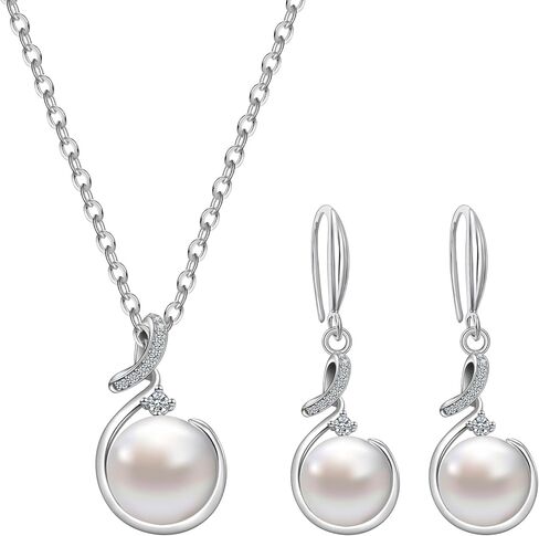 AILUOR Pearl Jewelry Set for Women, Faux Freshwater Single Pearl Necklace and Earring Set with 18 Inch Silver Chain Dainty Wedding Jewelry for Brides Mom Mother's Day Birthday Gifts in Saudi Arabia