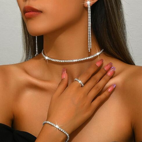 YNZGYBY Bling Silver Prom Rhinestone Jewelry Set for Women Sparkly Crystal Formal Wedding Bridal Brides Bracelet Rings Sets Trendy Long Tassel Earring Choker Necklaces in Saudi Arabia