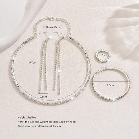 YNZGYBY Bling Silver Prom Rhinestone Jewelry Set for Women Sparkly Crystal Formal Wedding Bridal Brides Bracelet Rings Sets Trendy Long Tassel Earring Choker Necklaces in Saudi Arabia