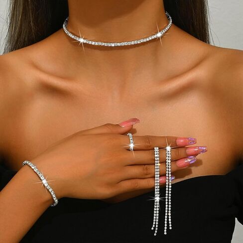 YNZGYBY Bling Silver Prom Rhinestone Jewelry Set for Women Sparkly Crystal Formal Wedding Bridal Brides Bracelet Rings Sets Trendy Long Tassel Earring Choker Necklaces in Saudi Arabia