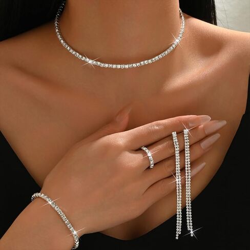 YNZGYBY Bling Silver Prom Rhinestone Jewelry Set for Women Sparkly Crystal Formal Wedding Bridal Brides Bracelet Rings Sets Trendy Long Tassel Earring Choker Necklaces in Saudi Arabia