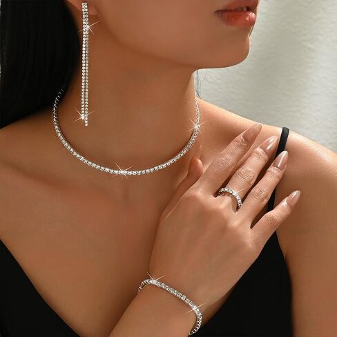 YNZGYBY Bling Silver Prom Rhinestone Jewelry Set for Women Sparkly Crystal Formal Wedding Bridal Brides Bracelet Rings Sets Trendy Long Tassel Earring Choker Necklaces in Saudi Arabia