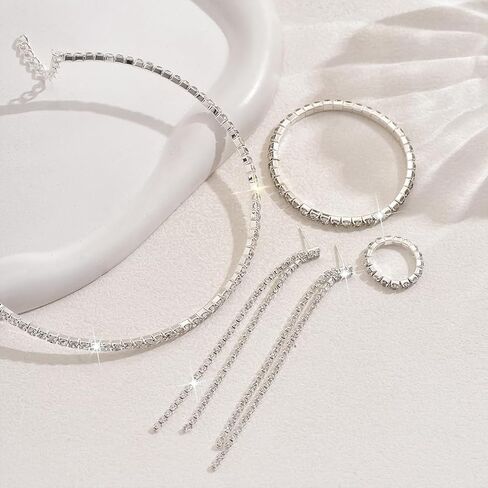 YNZGYBY Bling Silver Prom Rhinestone Jewelry Set for Women Sparkly Crystal Formal Wedding Bridal Brides Bracelet Rings Sets Trendy Long Tassel Earring Choker Necklaces in Saudi Arabia