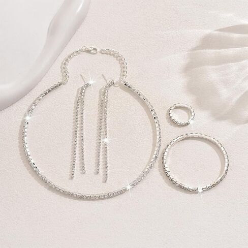 YNZGYBY Bling Silver Prom Rhinestone Jewelry Set for Women Sparkly Crystal Formal Wedding Bridal Brides Bracelet Rings Sets Trendy Long Tassel Earring Choker Necklaces in Saudi Arabia