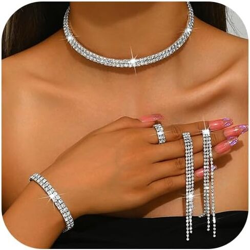 YNZGYBY Bling Silver Prom Rhinestone Jewelry Set for Women Sparkly Crystal Formal Wedding Bridal Brides Bracelet Rings Sets Trendy Long Tassel Earring Choker Necklaces in Saudi Arabia