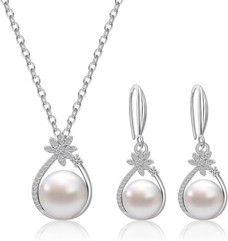 AILUOR Pearl Jewelry Set for Women, Faux Freshwater Single Pearl Necklace and Earring Set with 18 Inch Silver Chain Dainty Wedding Jewelry for Brides Mom Mother's Day Birthday Gifts in Saudi Arabia