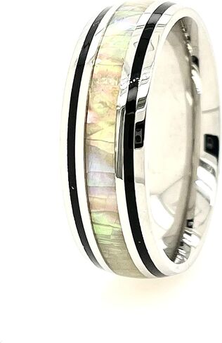 White Fire Opal & Black Enamel Ring Silver Stainless steel 8mm Band Men and Women Size 5-14 in Saudi Arabia