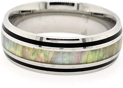 White Fire Opal & Black Enamel Ring Silver Stainless steel 8mm Band Men and Women Size 5-14 in Saudi Arabia