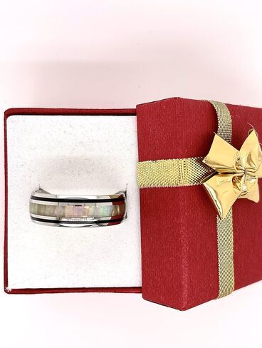 White Fire Opal & Black Enamel Ring Silver Stainless steel 8mm Band Men and Women Size 5-14 in Saudi Arabia