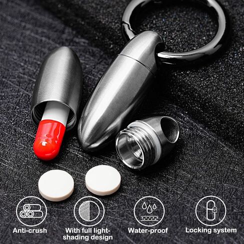 TONYFY Mini Titanium Pill Holder Keychain, Waterproof EDC Pill Container Organizer for Travel, Pocket, Purse - Silver Bullet-Shaped Metal Medicine Case for Medicine & Vitamins - A 1PC in Saudi Arabia