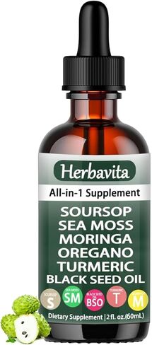 Herbavita Soursop Liquid Drops 10 in 1 with Sea Moss, Moringa, Turmeric, Black Seed Oil and Other Plant Elements– Vegan, Non-GMO Immune & Energy Support – 2 fl oz (1pc) in Saudi Arabia