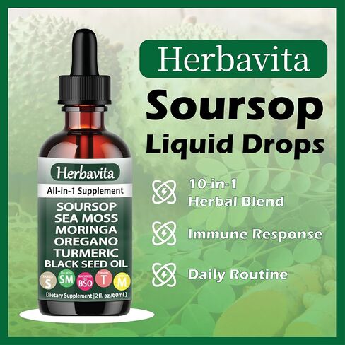 Herbavita Soursop Liquid Drops 10 in 1 with Sea Moss, Moringa, Turmeric, Black Seed Oil and Other Plant Elements– Vegan, Non-GMO Immune & Energy Support – 2 fl oz (1pc) in Saudi Arabia